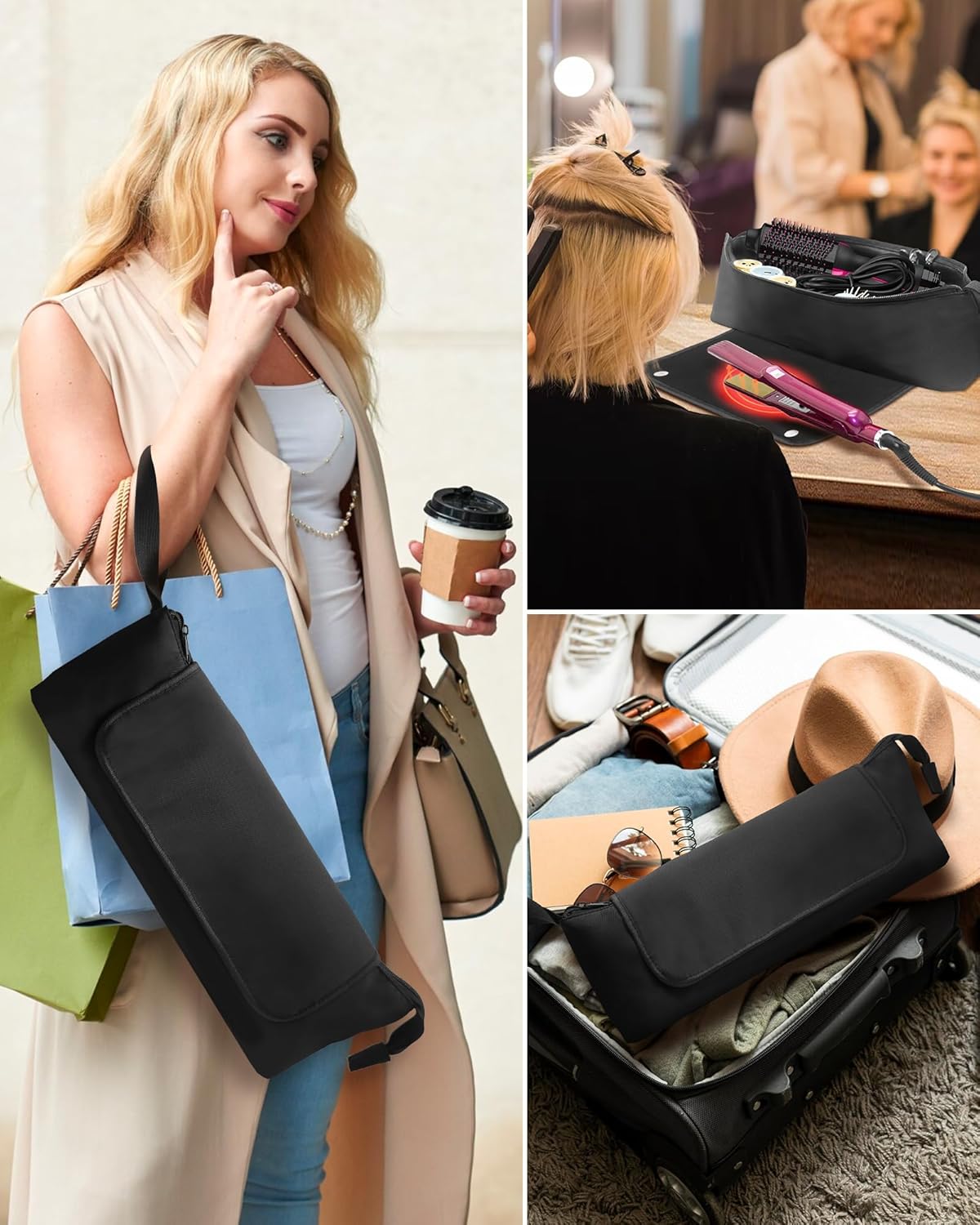 Sac de rangement de voyage essentiel : Sac de voyage noir pour outils de coiffure, fer à friser et lisseur, 1 pièce