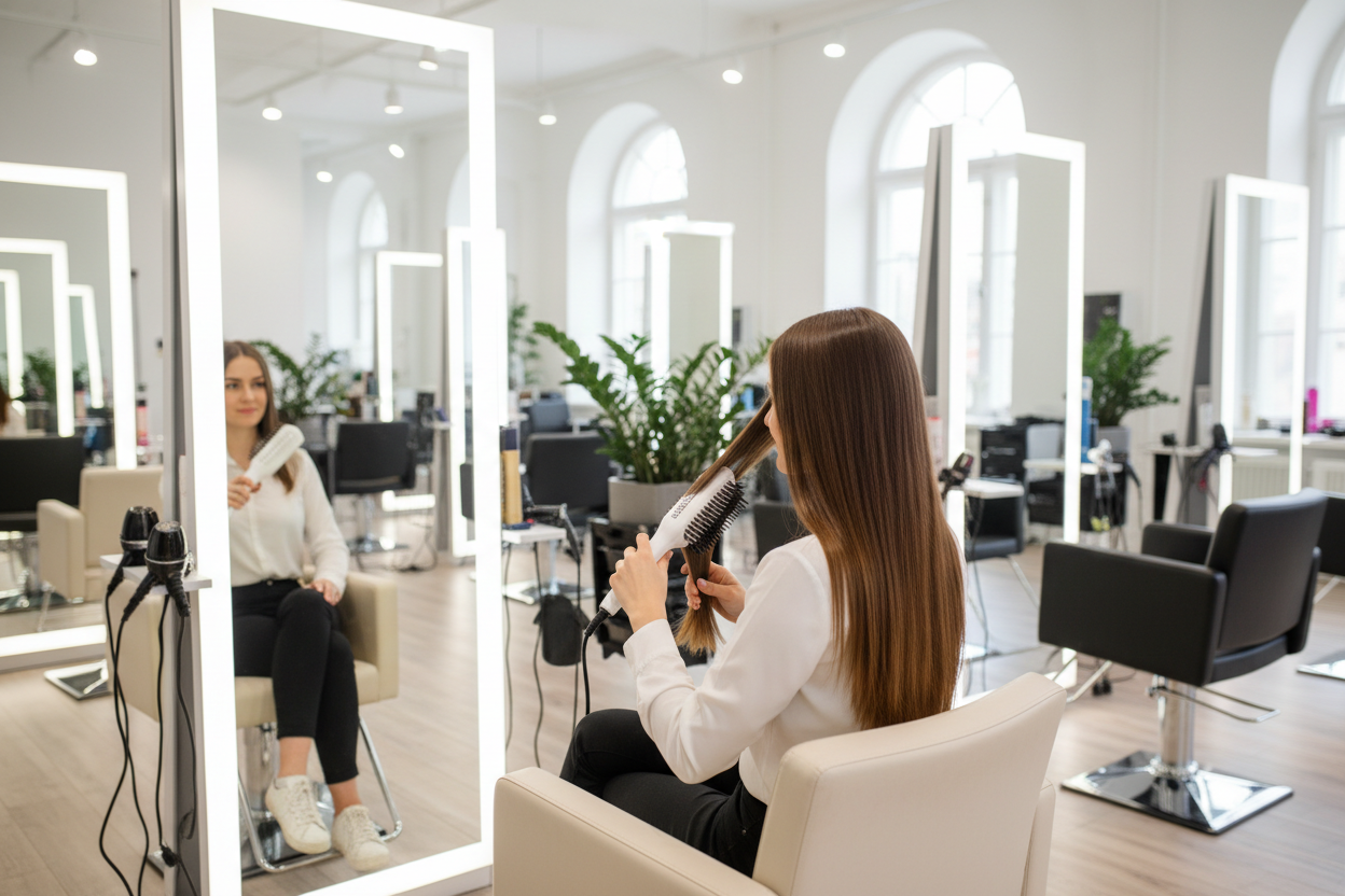 UNE JEUNE FEMME UTILISANT LA BROSSE LISSANTE SANS FILLE ETANT ASSISE SUR LA CHAISE DANS LE SALON